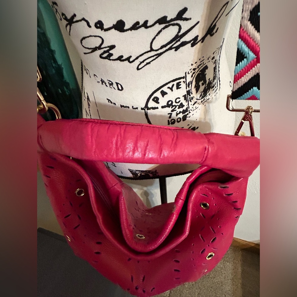 EUC Furla Laser Cut Leather Fuchsia Hobo Bag with unbranded guitar strap - Picture 4 of 8